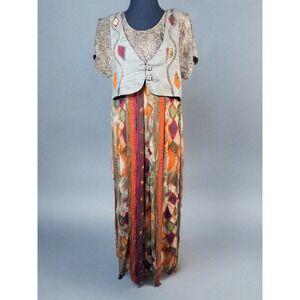 Vintage Carole Little  Boho Artwear Maxi Dress Vest Abstract Print Linen Rayon 4